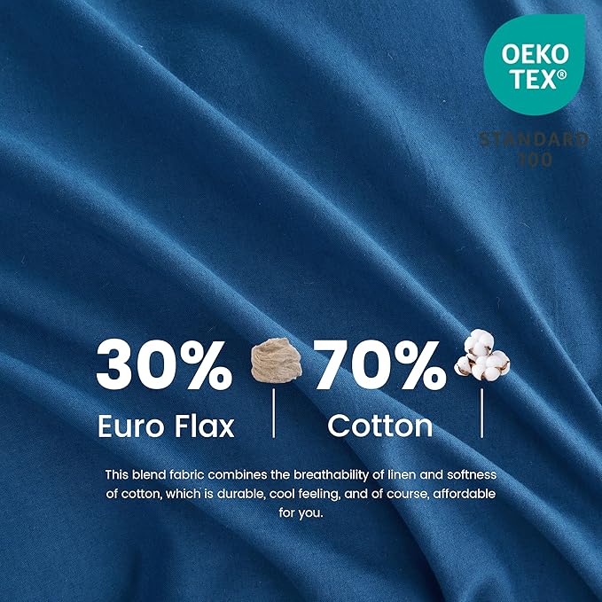 Simple&Opulence Belgian Linen Sheet Set Solid Color - 6 Pieces (1 Flat Sheet & 1 Fitted Sheet & 4 Pillowcases) 16" Deep Pocket Natural Flax Cotton Blended Soft Bedding - Navy Blue, Queen Size
