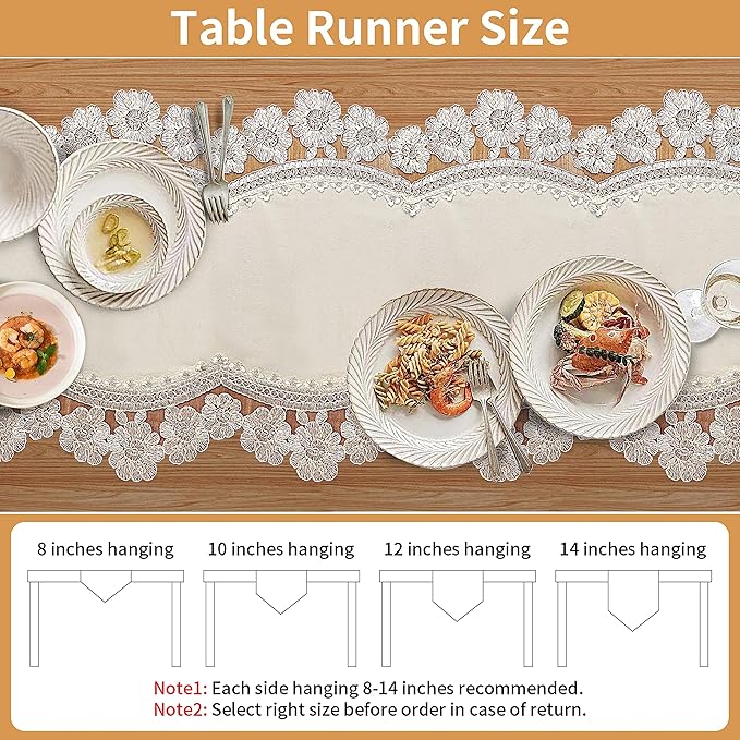 Elegant Vintage Lace Table Runner 72 inches(180cm) Long Beige Gold with Exquisite Macrame and Embroidered Floral Pattern Perfect as a Dresser Scarf (14X72'')
