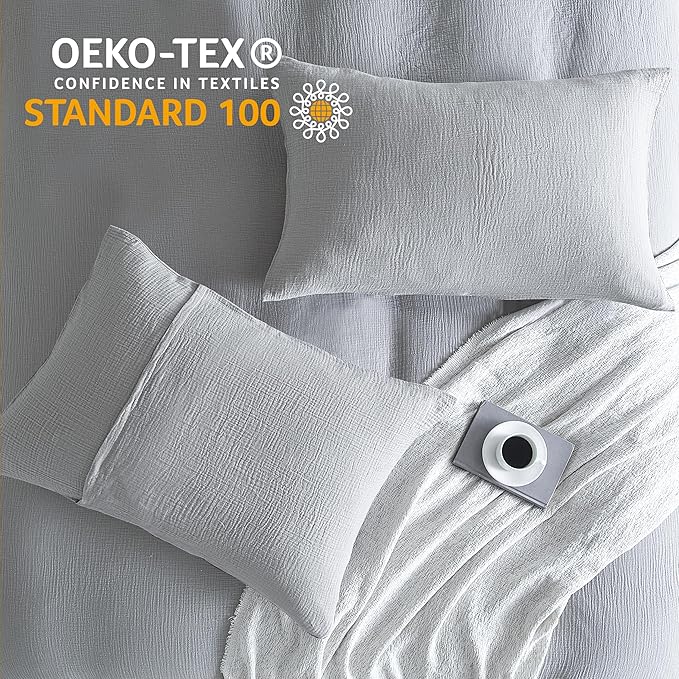 SE SOFTEXLY Muslin Duvet Cover Queen Size, 100% Washed Cotton Duvet Cover Set, Ultra Soft Comforter Cover Linen Like, 3 Pieces Minimalist Gauze Duvet Cover with 2 Pillowcases, 90"x90", Light Grey