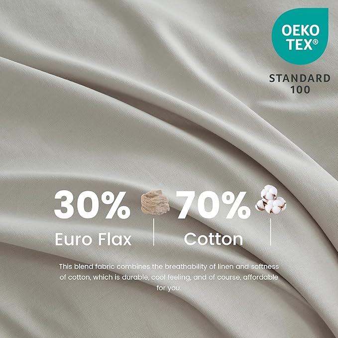 Simple&Opulence Belgian Linen Sheet Set Solid Color - 6 Pieces (1 Flat Sheet & 1 Fitted Sheet & 4 Pillowcases) 16" Deep Pocket Natural Flax Cotton Blended Soft Bedding - Khaki Grey, Queen Size