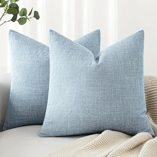 MIULEE 24x24 Inch Pack of 2 Decorative Linen Burlap Textured Euro Pillow Covers Farmhouse Boho Accent Pillowcases Spring Coastal Home Decor for Couch Sofa Bedroom Living Room Light Blue