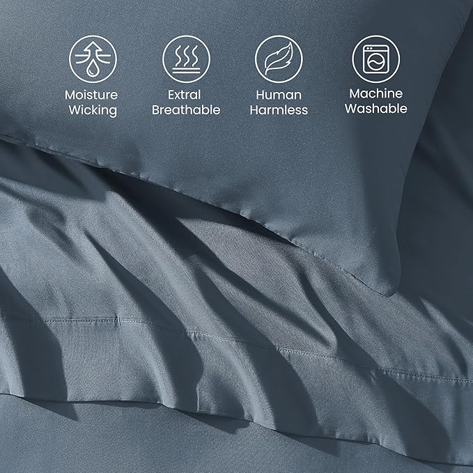 SLEEP ZONE Nanotex Super Soft Cooling Kids Bed Sheets Set Twin XL 3 Piece - Easy Care Fitted Flat Sheet & Pillowcase Sets - Wrinkle Free, Fade Resistant, Deep Pocket 16" (Flint Blue, Twin XL)