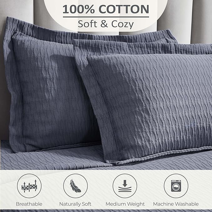 Superior 3 Piece Cotton Bedspread Set, Home Bed Decor, Decorative Bed Spread, 2 Pillow Shams, Medium Weight Blanket, Matelasse Coverlet, Bedding Essentials, Calvert Collection, Full, Denim Blue
