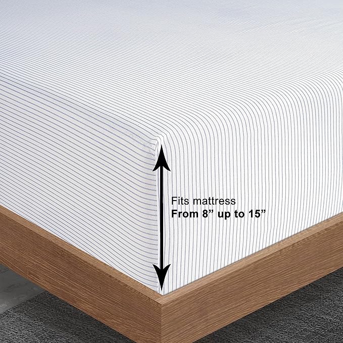 LANE LINEN 100% Organic Cotton Only Fitted Sheet Queen (Includes Pillowcases), 3 PC Set Soft Percale Weave, Queen Size, Soft, Breathable, Printed Fitted Fits Mattress Upto 15" Deep - Ticking Stripe