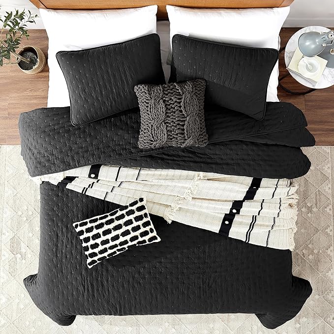 ROARINGWILD California Cal King Size Quilt Bedding Sets with Pillow Shams, Black Oversized Lightweight Soft Bedspread Coverlet, 3 Pieces, 118x106 inches