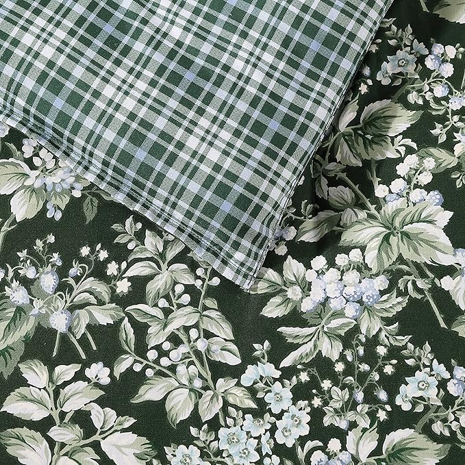 Laura Ashley - Queen Comforter Set, Soft & Reversible Cotton Bedding, Medium Weight 7 Piece Bed Set with Matching Pillowcases, Euro Shams & Bonus Throw Pillow Covers (Bramble Floral Green)