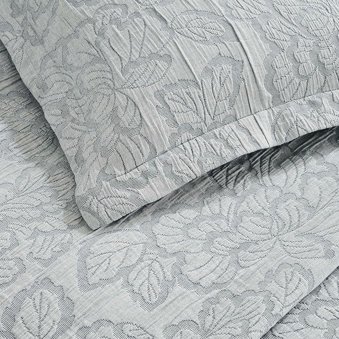 Superior 3 Piece Cotton Bedspread Set, Home Bed Decor, Decorative Bed Spread, 2 Pillow Shams, Medium Weight Blanket, Matelasse Coverlet, Bedding Essentials, Hibiscus Collection, Full, Grey