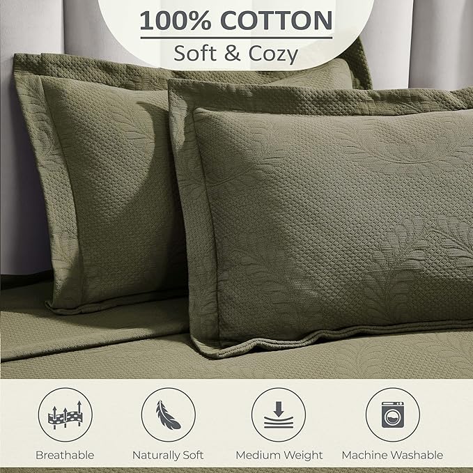 Superior 3 Piece Cotton Bedspread Set, Home Bed Decor, Decorative Bed Spread, 2 Pillow Shams, Medium Weight Blanket, Matelasse Coverlet, Bedding Essentials, Peploi Collection, King, Olive Green