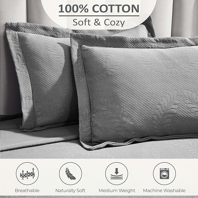 Superior 3 Piece Cotton Bedspread Set, Home Bed Decor, Decorative Bed Spread, 2 Pillow Shams, Medium Weight Blanket, Matelasse Coverlet, Bedding Essentials, Peploi Collection, California King, Grey