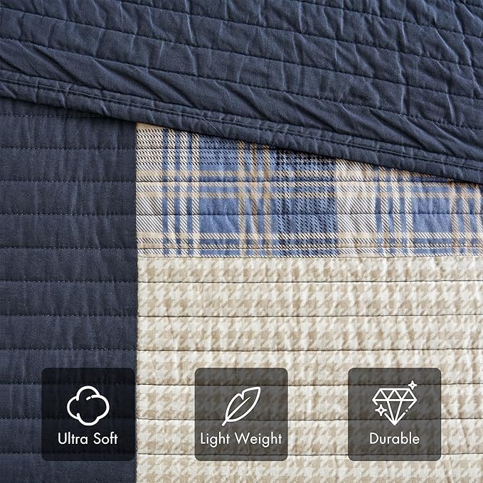 Woolrich Quilt Set Patchwork Channel Quilting, Cottage Coverlet for Twin Size Bed All Seasons, Lightweight Prewashed Cotton Coverlet Bedspread, Shams, Winter Hills, Oversized Daybed Blue 5 Piece