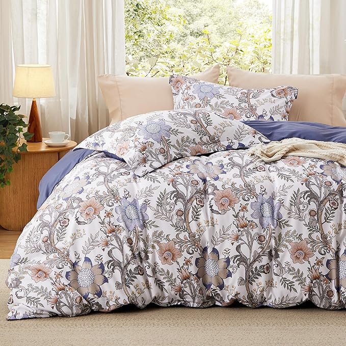 Bedsure Duvet Cover Queen Size - Reversible Blue Floral Duvet Cover Set with Zipper Closure, 3 Pieces Blossom Patterned Bedding Set with 8 Corner Ties and 2 Pillow Shams 20"x26"