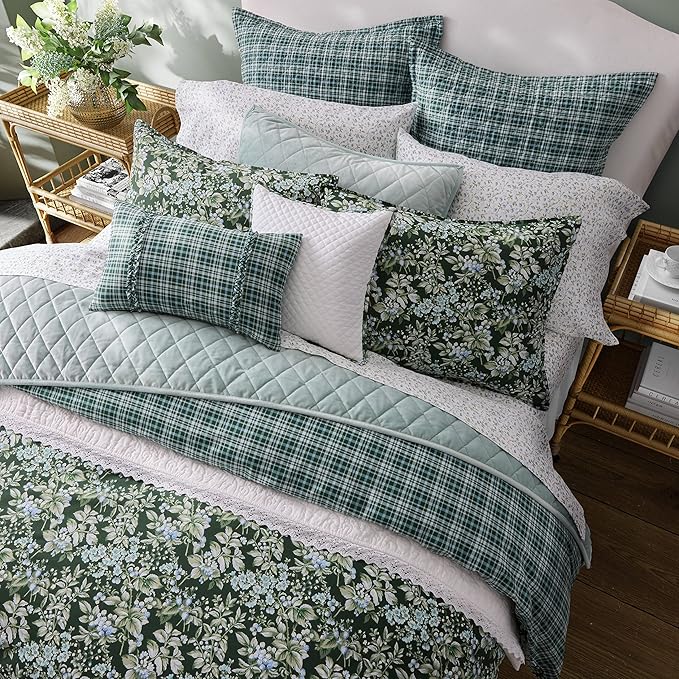 Laura Ashley - Queen Comforter Set, Soft & Reversible Cotton Bedding, Medium Weight 7 Piece Bed Set with Matching Pillowcases, Euro Shams & Bonus Throw Pillow Covers (Bramble Floral Green)