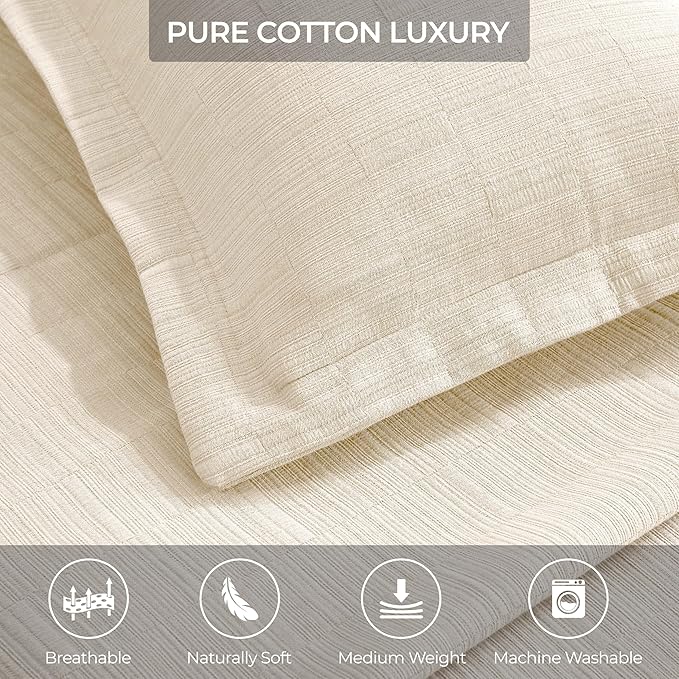 Superior 3 Piece Cotton Bedspread and Sham Set, Home Bed Decor, Decorative Bed Spread, 2 Pillow Shams, Medium Weight, Matelasse Coverlet, Bedding Essentials, Zenith Collection, California King, Ivory