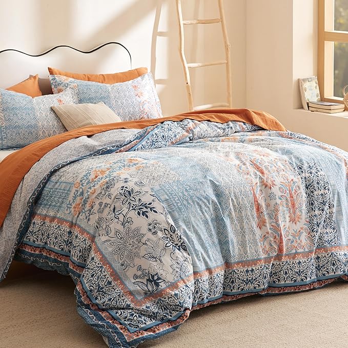 Bedsure Duvet Cover Queen Size - 100% Cotton Reversible Floral Queen Duvet Cover Set with Zipper Closure, 3 Pieces Soft & Breathable Bohemian Blue Bedding Set with 2 Pillow Shams 20"x26"