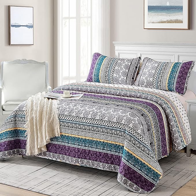 WONGS BEDDING Boho Quilt Set Queen Size, Purple Bohemian 3 Pieces Quilt Sets, Lightweight Bedspread Coverlet Bedding Set for All Season (96"x90")