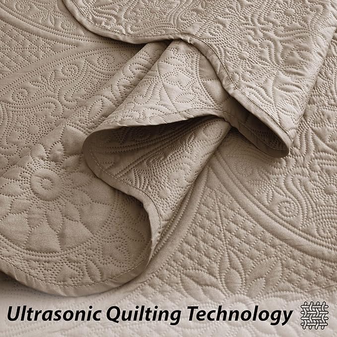 IR Imperial Rooms Queen Quilt Bedding Set Size (90" x 96") + 2 Pillow Shams (20" x 26"+ 2") - 3 Pcs All Season Lightweight Reversible Microfiber Coverlet Floral Embossed Quilt Bedspread (Beige)