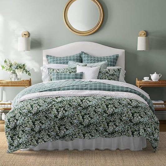 Laura Ashley - Queen Comforter Set, Soft & Reversible Cotton Bedding, Medium Weight 7 Piece Bed Set with Matching Pillowcases, Euro Shams & Bonus Throw Pillow Covers (Bramble Floral Green)