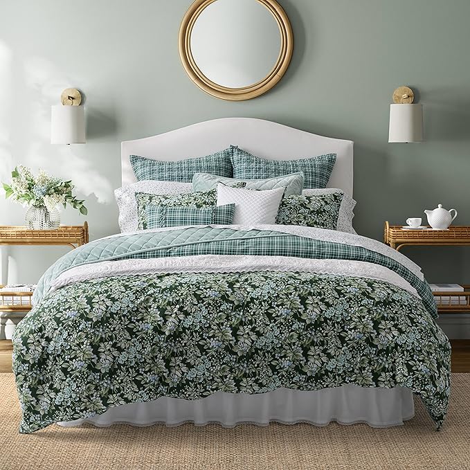 Laura Ashley - King Comforter Set, Soft & Reversible Cotton Bedding, Medium Weight 7 Piece Bed Set with Matching Pillowcases, Euro Shams & Bonus Throw Pillow Covers (Bramble Floral Green)