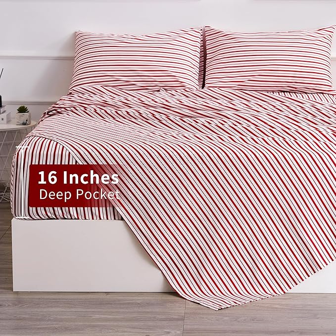 Best Season Burgundy Red Striped Sheets Set Twin Size 3 Piece - Super Soft, Easy Care & Breathable Red and White Pinstripe Bed Sheet Set with 16-Inch Deep Pockets, Great Gift for Christmas & Birthday