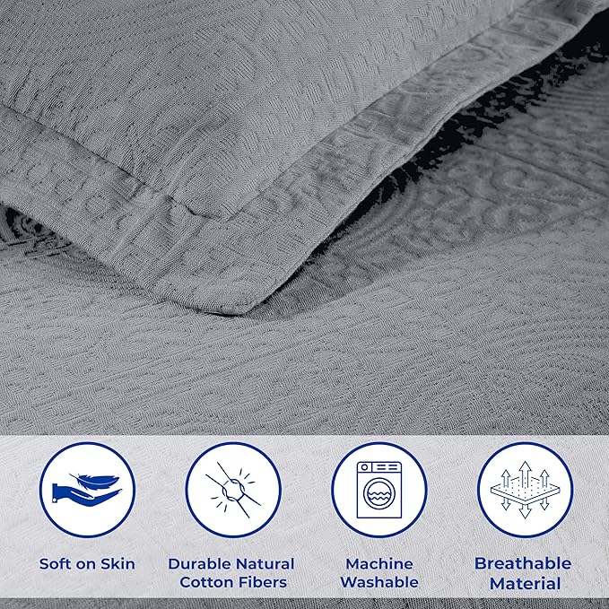Superior Cotton Fleur De Lis Bedspread Set, Warm Blankets, All-Season Bedding, Bedroom Decor, Decorative Boho Medallion Coverlet, Includes 1 Bedspread, 2 Pillow Shams, King, Grey