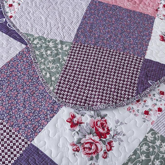 HoneiLife Quilt Set King Size - 3 Piece Microfiber Quilts Reversible Bedspreads Patchwork Coverlets Floral Bedding Set All Season Quilts-Little Rose,Purple