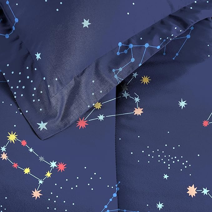 Dream Factory Kids 7-Piece Complete Bed Set Easy-Wash Super Soft Microfiber Comforter Bedding, Full, Navy Blue Zodiac
