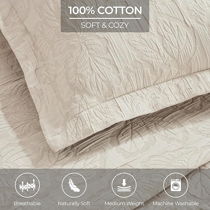Superior 3 Piece Cotton Bedspread Set, Home Bed Decor, Decorative Bed Spread, 2 Pillow Shams, Medium Weight Blanket, Matelasse Coverlet, Bedding Essentials, Hibiscus Collection, King, Beige