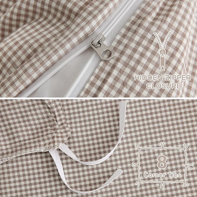 TOCOMOA Mini Gingham Tan Duvet Cover Bedding Set 100% Washed Cotton Like Linen Feel Super Soft Comfy 3 Piece Brown Small Plaid Checkered Comforter Cover Set (King 104"x90", Comforter Not Included)