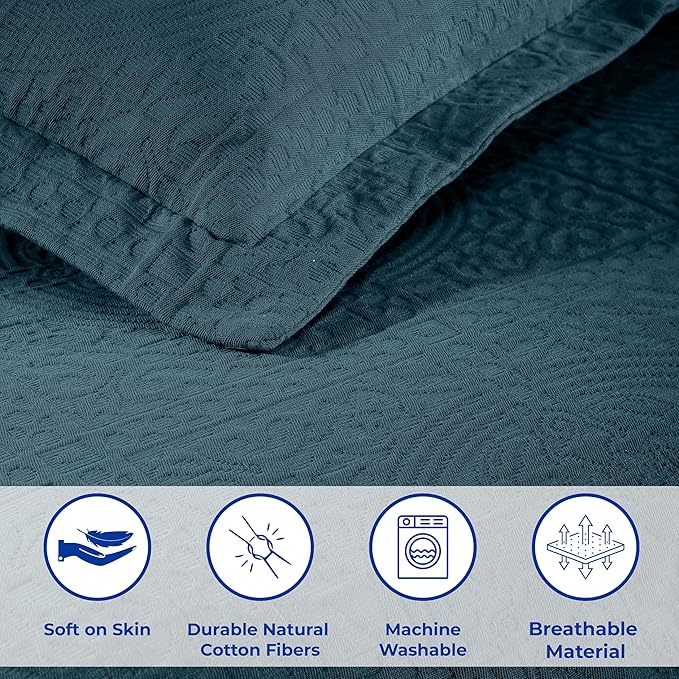 Superior Cotton Fleur De Lis Bedspread Set, Warm Blankets, All-Season Bedding, Bedroom Decor, Decorative Boho Medallion Coverlet, Includes 1 Bedspread, 2 Pillow Shams, Queen, Deep Sea
