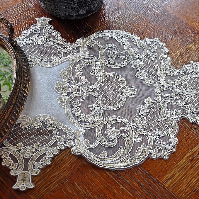 Elegant Vintage Lace Table Runner 36 inches(90cm) Long with Exquisite Macrame and Embroidered Floral Pattern Perfect as a Dresser Scarf (16X36'')