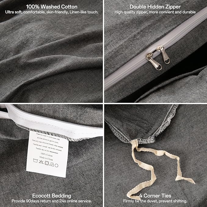ECOCOTT Grey Duvet Cover Queen Size, 100% Washed Cotton 1 Duvet Cover with Zipper and 2 Pillowcases, Ultra Soft and Easy Care Breathable Cozy Simple Style Bedding Set(Dark Grey)