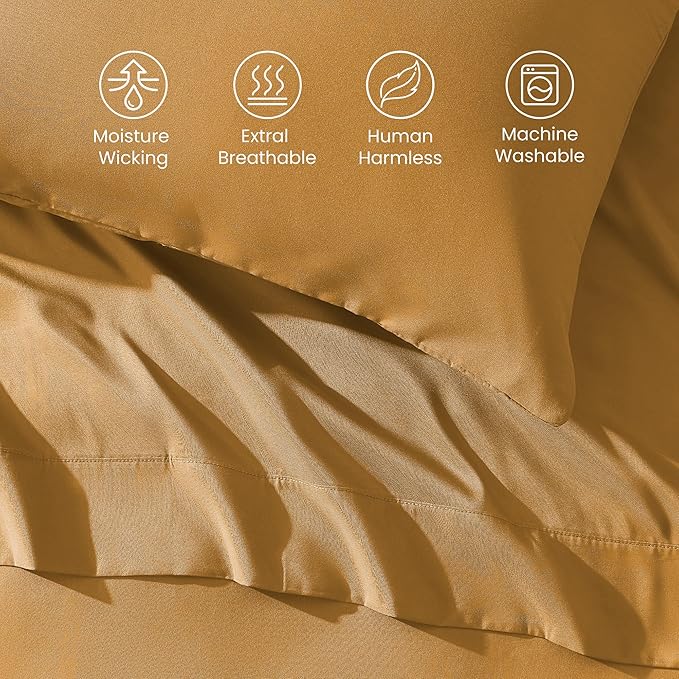 SLEEP ZONE Nanotex Super Soft Cooling King Bed Sheets Set 4 Piece - Easy Care Fitted Flat Sheet & Pillowcase Sets - Wrinkle Free, Fade Resistant, Deep Pocket 16" (Dull Yellow, King)