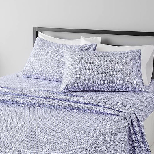 Amazon Basics Breathable Lightweight Super Soft Brushed Microfiber 4-Piece Bed Sheet Set, Wrinkle Resistant With 14" Deep Pockets, Queen, Blue Damask, Printed
