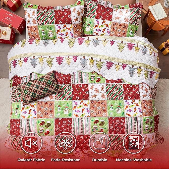 Bedsure Christmas Quilt Queen Size - Red Quilts for Queen Size Bed, Multicolor Patchwork Printed Pattern Christmas Bedding, Soft Lightweight Coverlet Bedspread (90"x96")