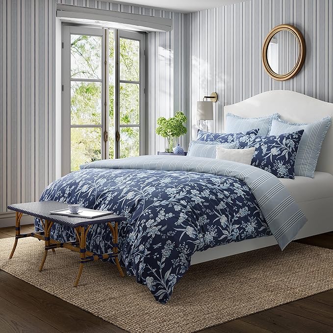 Laura Ashley- Queen Comforter Set, Cotton Reversible Bedding Set, Includes Matching Shams with Bonus Euro Shams & Throw Pillow Covers (Branch Toile Blue, Queen)
