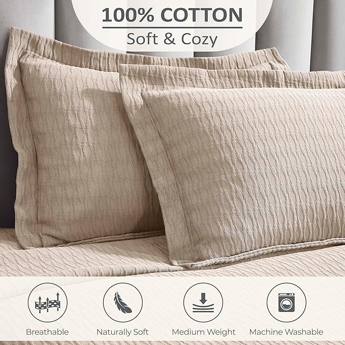 Superior 3 Piece Cotton Bedspread Set, Home Bed Decor, Decorative Bed Spread, 2 Pillow Shams, Medium Weight Blanket, Matelasse Coverlet, Bedding Essentials, Calvert Collection, Queen, Beige