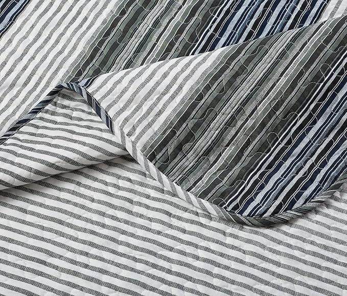 Brilliant Sunshine Multi Grey Stripes Patchwork, 3-Piece Quilt Set with 2 Shams, Reversible Bedspread, Soft Lightweight Coverlet, All-Season, King, Multi Grey