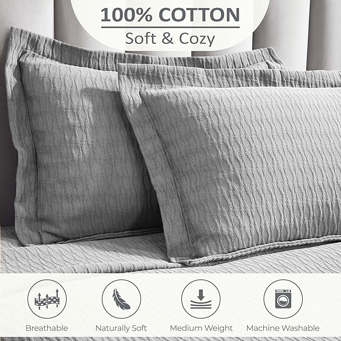 Superior 3 Piece Cotton Bedspread Set, Home Bed Decor, Decorative Bed Spread, 2 Pillow Shams, Medium Weight Blanket, Matelasse Coverlet, Bedding Essentials, Calvert Collection, Queen, Grey