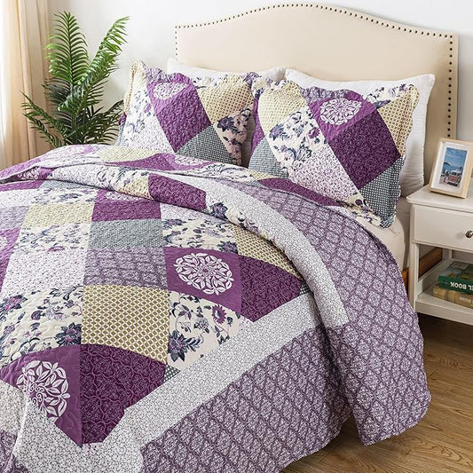 HoneiLife Queen Size Quilt Sets - 3 Pieces Queen Quilt Bedding Set Microfiber Quilt Set Lightweight Bedspreads Reversible Coverlets Retro Bed Cover Floral Bedding Set All Season Quilts-Beige & Purple