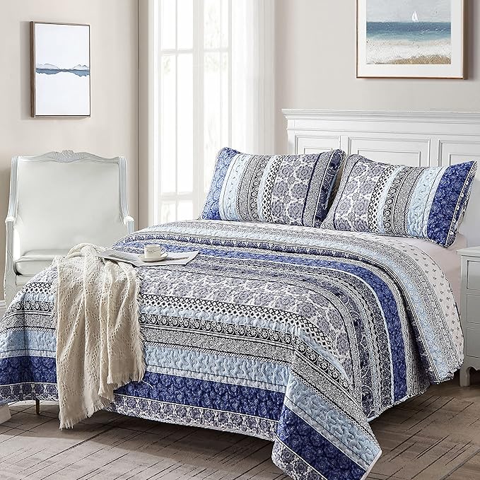 WONGS BEDDING Boho Quilt Set Queen Size, Blue Bohemian 3 Pieces Quilt Sets, Lightweight Bedspread Coverlet Bedding Set for All Season (96"x90")