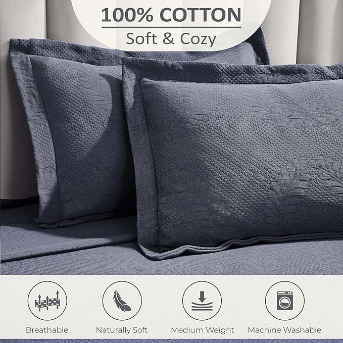 Superior 3 Piece Cotton Bedspread Set, Home Bed Decor, Decorative Bed Spread, 2 Pillow Shams, Medium Weight Blanket, Matelasse Coverlet, Bedding Essentials, Peploi Collection, Full, Denim Blue