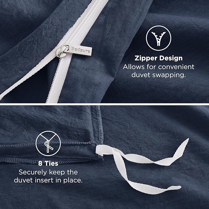 Bedsure 100% Washed Cotton Duvet Cover Oversized King Size - Navy Minimalist Cotton Duvet Cover Linen Like for All Seasons - GentleSoft™ Plain Simple Bedding (Navy, Oversized King, 120"x98")