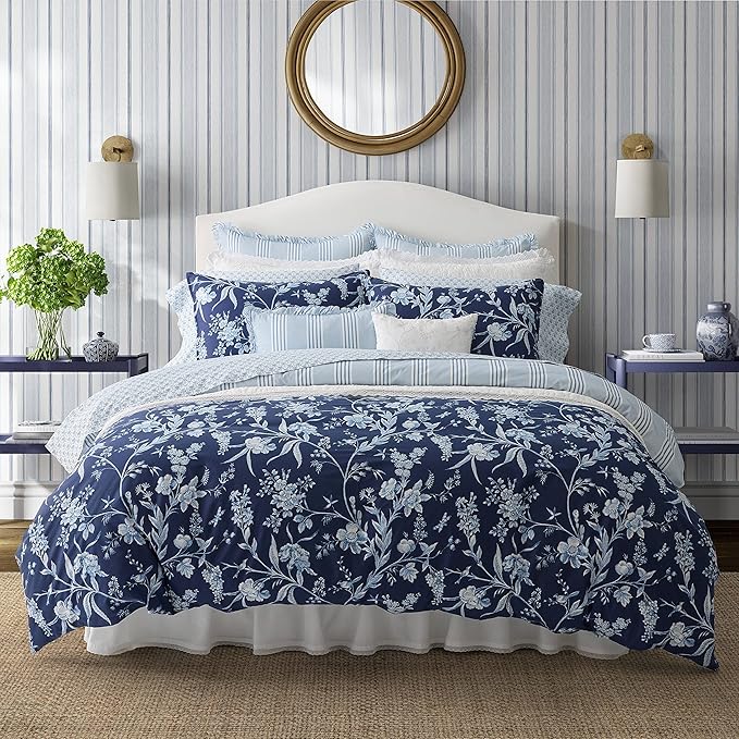 Laura Ashley- King Comforter Set, Cotton Reversible Bedding Set, Includes Matching Shams with Bonus Euro Shams & Throw Pillow Covers (Branch Toile Blue, King)