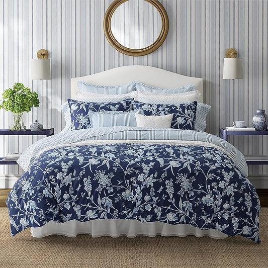 Laura Ashley- King Comforter Set, Cotton Reversible Bedding Set, Includes Matching Shams with Bonus Euro Shams & Throw Pillow Covers (Branch Toile Blue, King)