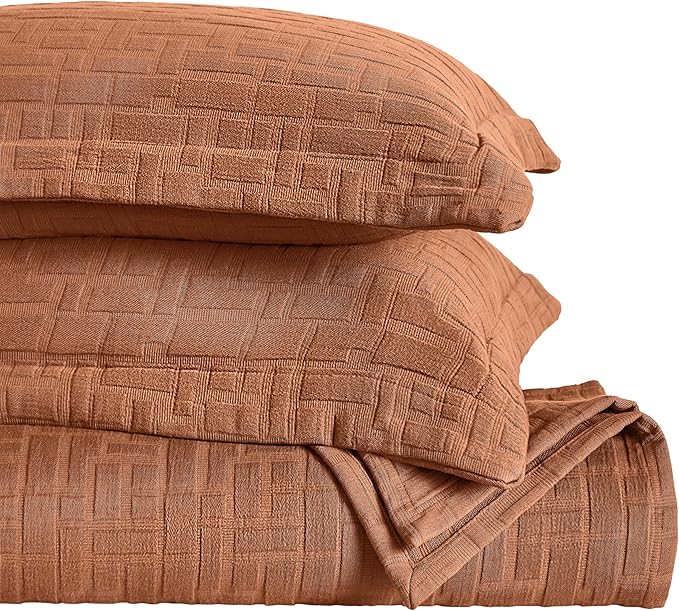 Superior 3 Piece Cotton Bedspread and Sham Set, Home Bed Decor, Decorative Bed Spread, 2 Pillow Shams, Medium Weight, Matelasse Coverlet, Bedding Essentials, Madrid Collection, Queen, Burnt Orange