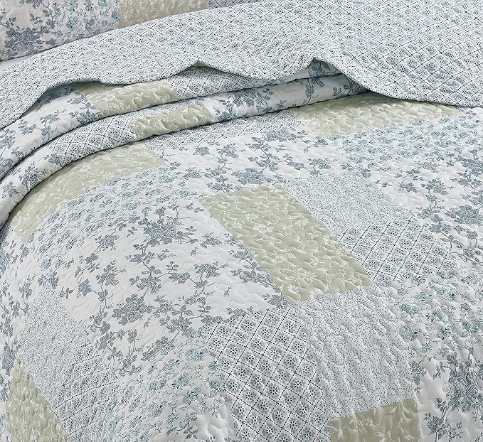 Brilliant Sunshine Multi Blue and Beige Floral Patchwork, 2-Piece Quilt Set with 1 Sham, Reversible Bedspread, Soft Lightweight Coverlet, All-Season, Twin, Blue White