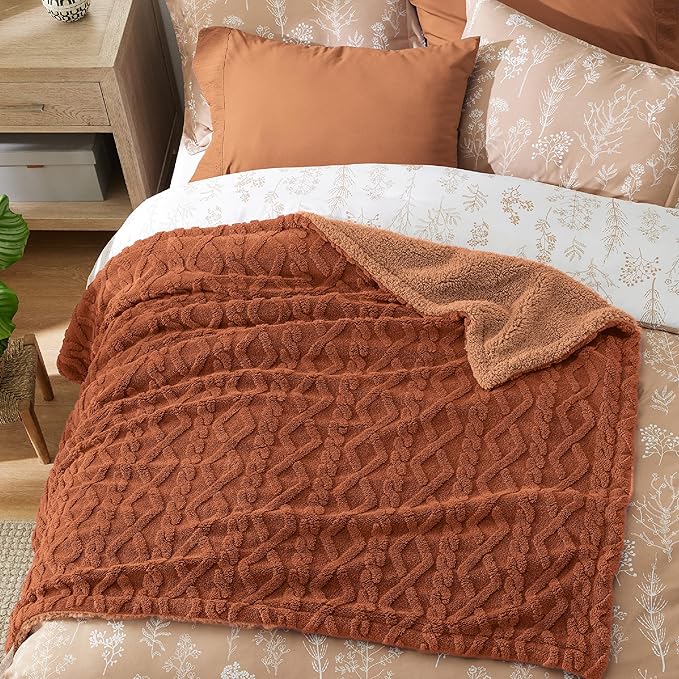 Bedsure Gentlesoft Sherpa Fleece Blanket Twin Size for Bed - Fluffy & Cozy Cable Jacquard Tufted for Women Gift, Thick and Warm Christmas Blanket for Winter, Orange, 60x80 Inches