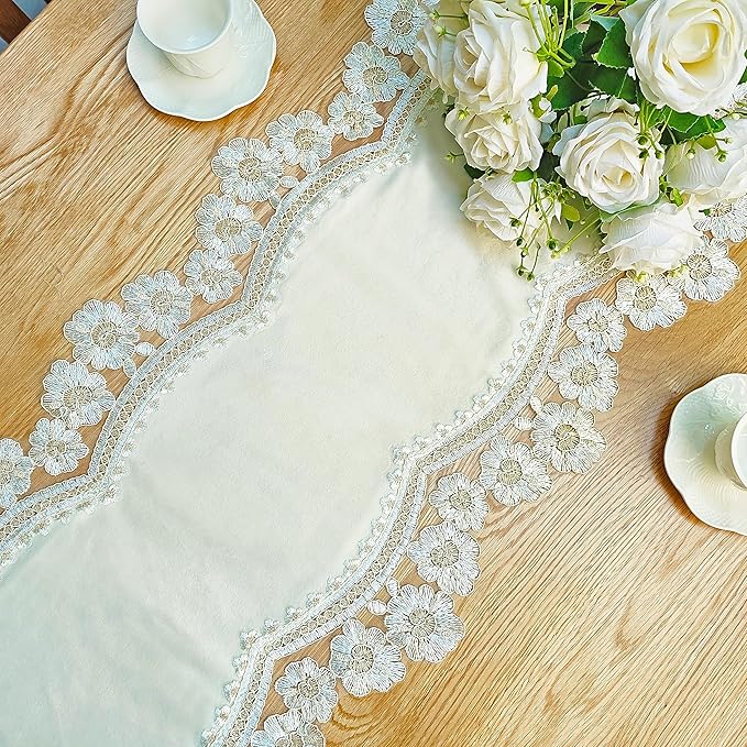 Elegant Vintage Lace Table Runner 72 inches(180cm) Long Beige Gold with Exquisite Macrame and Embroidered Floral Pattern Perfect as a Dresser Scarf (14X72'')