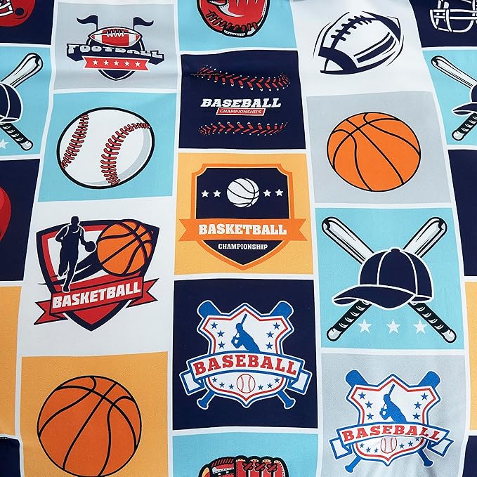 Chezmoi Collection 3-Piece Kids My Sports Bedding Comforter Set Twin Size - Soft Microfiber Navy Blue Gray Orange White Printed Basketball Baseball Football Soccer Sports for Kids/Teens