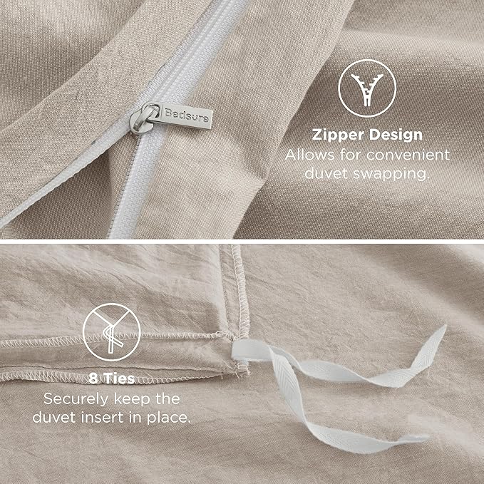 Bedsure 100% Washed Cotton Duvet Cover Queen Size - Linen Color Minimalist Cotton Duvet Cover Linen Like for All Seasons - GentleSoft™ Plain Simple Bedding (Queen, 90"x90")